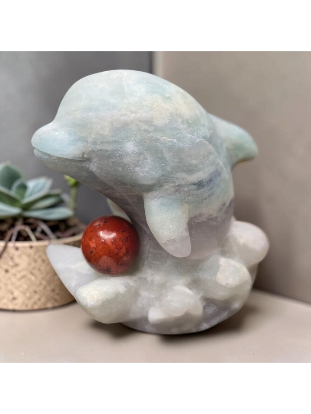 A042-1. Moss Agate Dolphin Natural Crystal Carving Figurine w/Red Jasper Ball